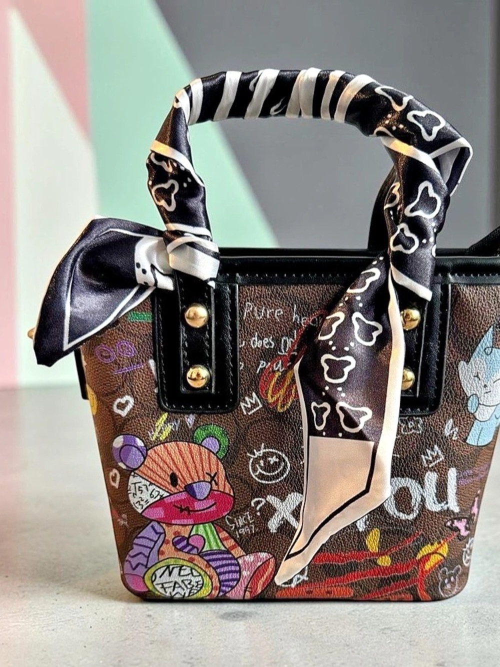 Graphic Print Crossbody Bag Black & Brown Like New